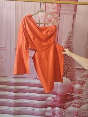 Karen Millen One-Shoulder Orange Leather Dress